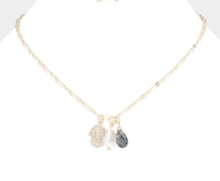 Rhinestone Embellished Hamsa Hand Freshwater Pearl Natural Stone Pendant Necklace - Image 2