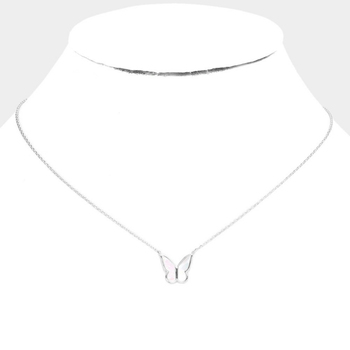 White Gold Dipped Mother Of Pearl Butterfly Pendant Necklace - Image 1