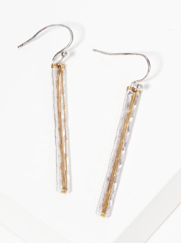 Vertically Wire Wrapped Hammered Metal Bar Earrings - Image 1