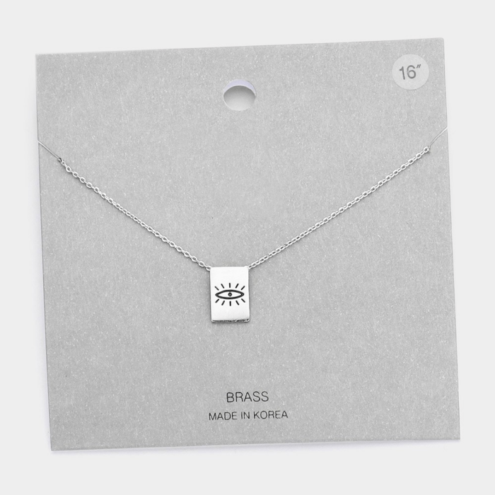 Evil Eye Accented Brass Metal Rectangle Pendant Necklace - Image 2