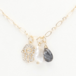 Rhinestone Embellished Hamsa Hand Freshwater Pearl Natural Stone Pendant Necklace