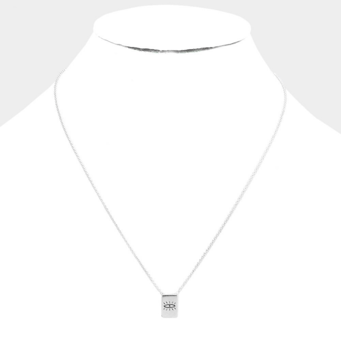 Evil Eye Accented Brass Metal Rectangle Pendant Necklace - Image 1