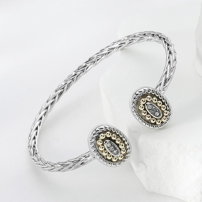 Stone Paved Oval Tip Braided Metal Cuff Bracelet - Image 1