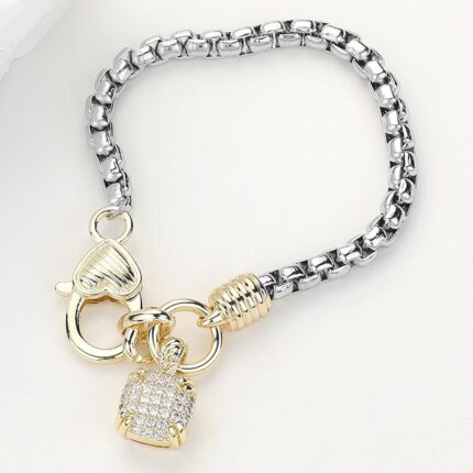 Cushion Cut CZ Stone Paved Charm Pointed Two Tone Bracelet