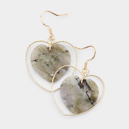 Natural Stone Heart With Open Metal Heart Accent Earrings