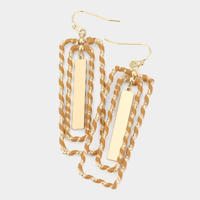 Faux Leather Wrapped Triple Rectangle Dangle Earrings - Image 1