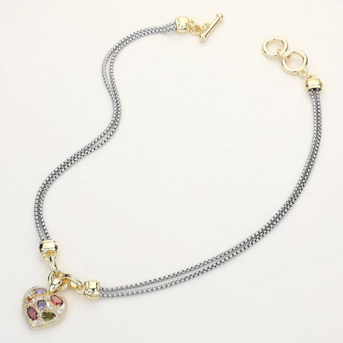 14K Gold Plated Cz Stone Embellished Heart Pendant Double Chain Toggle Necklace - Image 2
