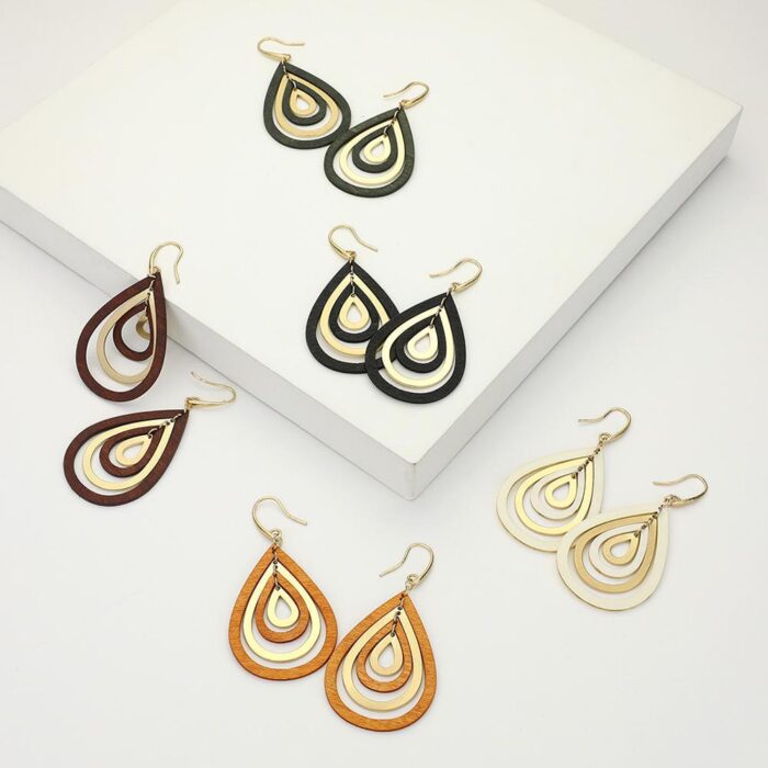 Wood/Metal Teardrop Layered Earrings - Image 1