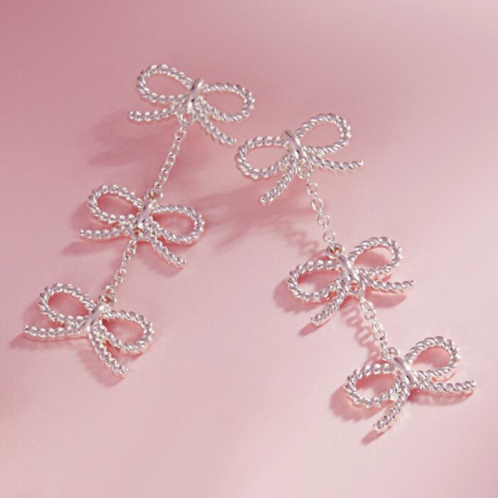 Hypoallergenic Titanium Post Textured Bow Link Dropdown Earrings - Image 2