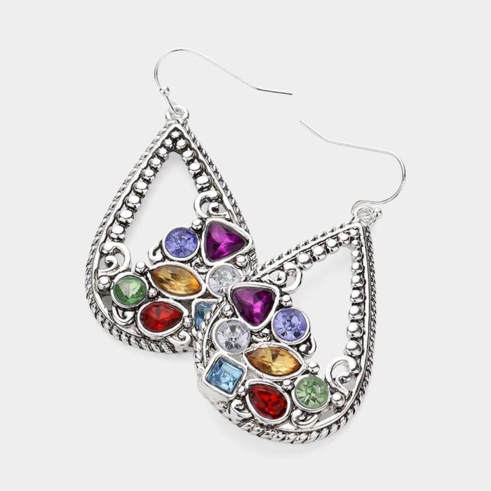 Stone Embellished Antique Metal Teardrop Earrings - Image 1