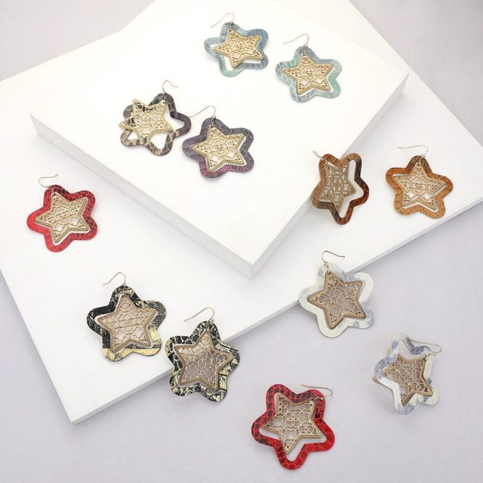 Faux Leather Moroccan Filigree Star Earrings - Image 1
