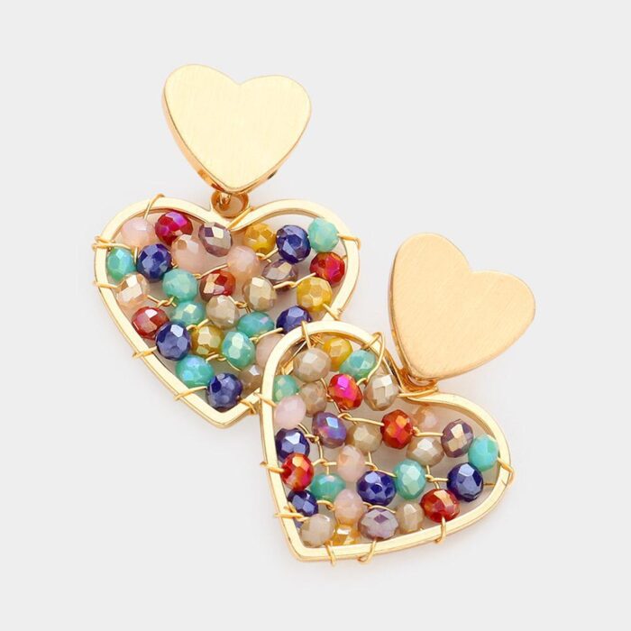 Faceted Bead Wrapped Heart Link Dangle Earrings - Image 1