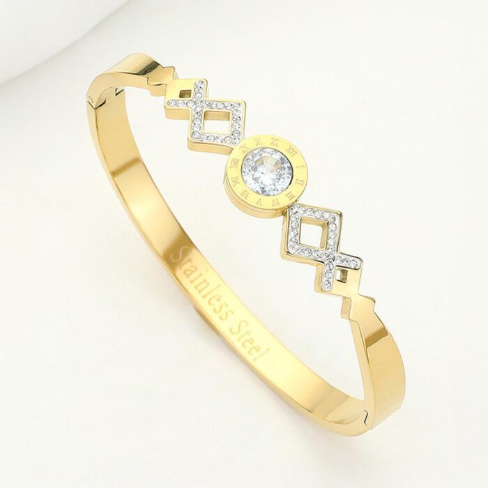 Stainless Steel Round Stone Roman Numeral Engraved Hinged Bangle Bracelet - Image 1