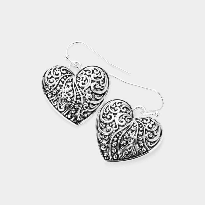 Antique Metal Filigree Heart Earrings - Image 1