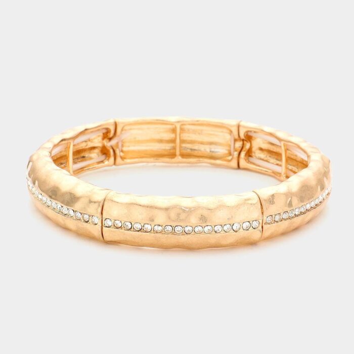 Rhinestone Aligned Hammered Metal Stretch Bracelet - Image 2