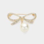 Pearl & Rhinestone Paved Bow Brooch