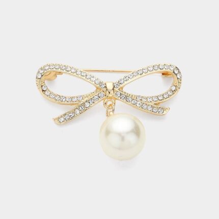 Pearl & Rhinestone Paved Bow Brooch