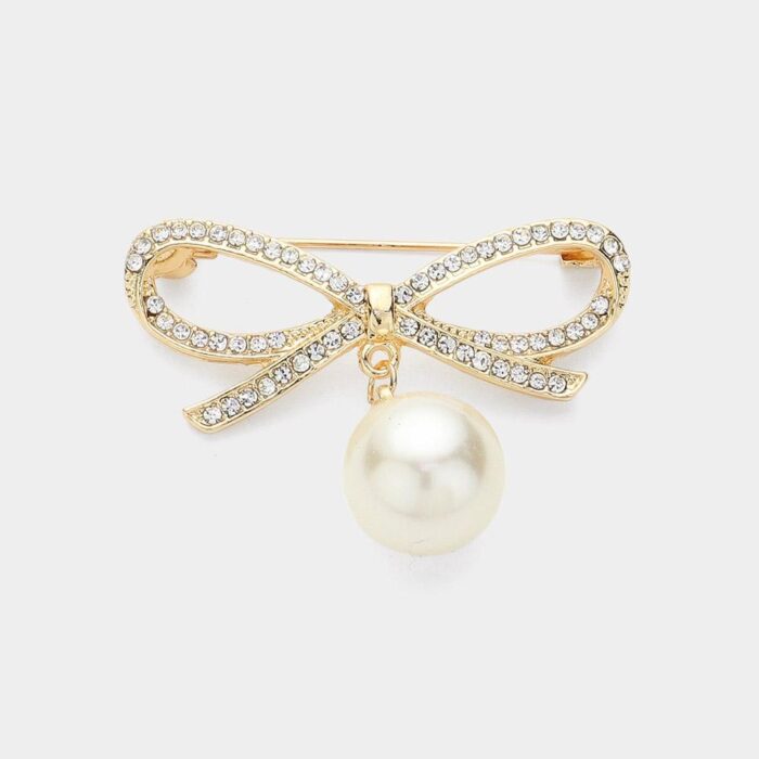 Pearl &Amp;Amp; Rhinestone Paved Bow Brooch - Image 1