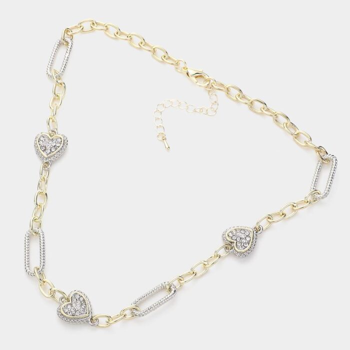 14K Gold Plated Stone Paved Heart Station Necklace - Image 2