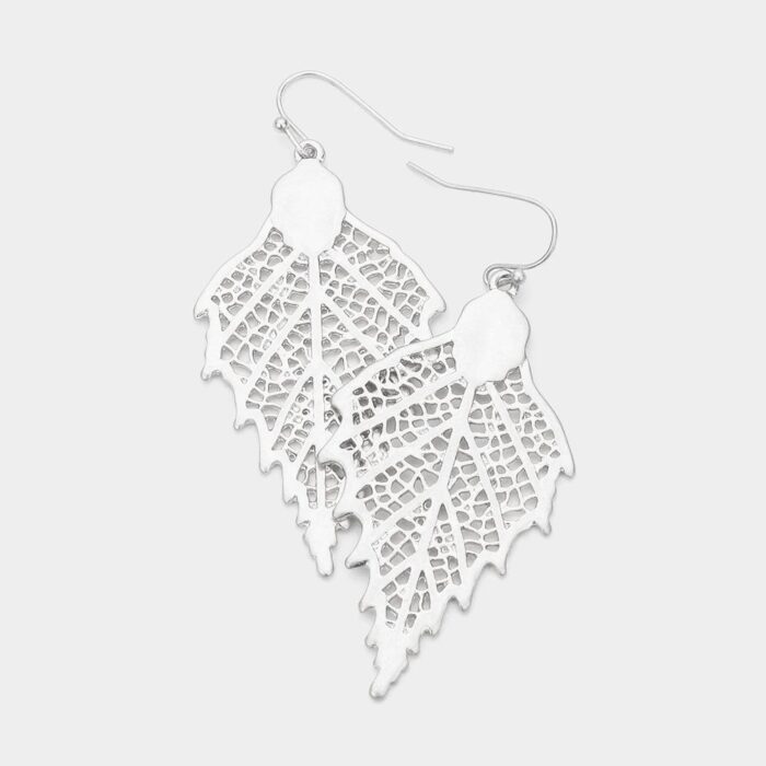 Detailed Metal Leaf Dangle Earrings - Image 1