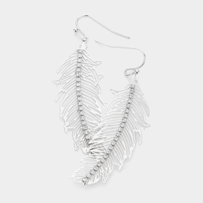 Rhinestone Embellished Feather Earrings - Image 1