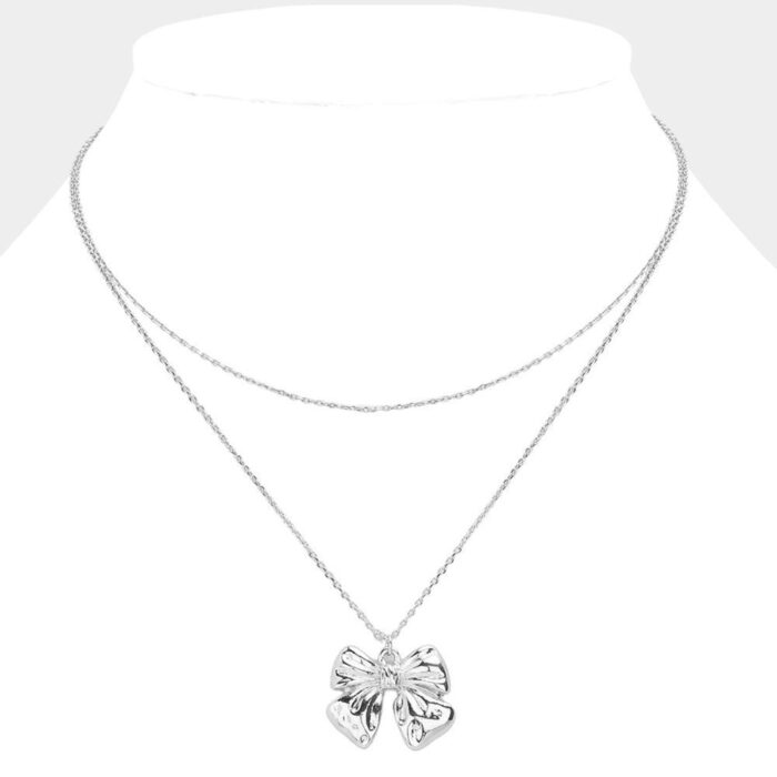 Metal Bow Pendant Double Layered Necklace - Image 1