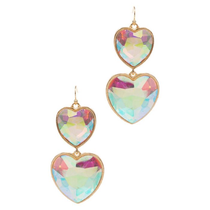 Crystal Stone Double Heart Dropdown Earrings - Image 1