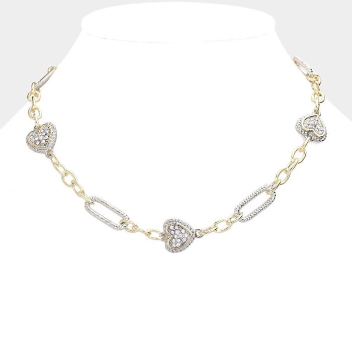14K Gold Plated Stone Paved Heart Station Necklace - Image 1