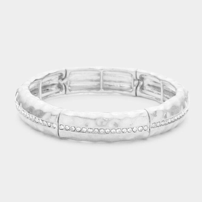 Rhinestone Aligned Hammered Metal Stretch Bracelet - Image 1
