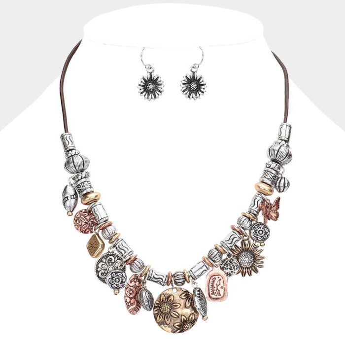 Antiqued Sunflowers &Amp; Butterfly Necklace &Amp; Earring Set - Image 3