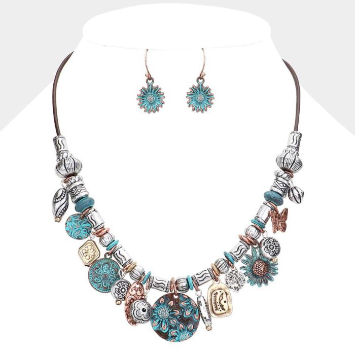 Antiqued Sunflowers &Amp;Amp; Butterfly Necklace &Amp;Amp; Earring Set - Image 1