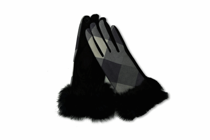 Plaid Checkered Sparkle Faux Fur Touch Gloves - Image 1