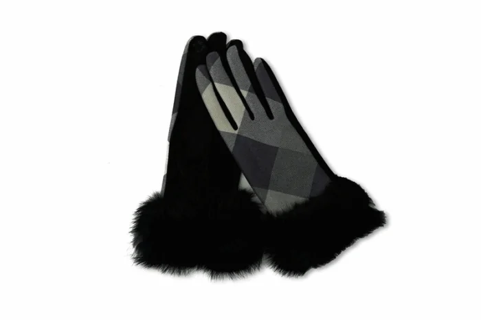 Plaid Checkered Sparkle Faux Fur Touch Gloves - Image 1